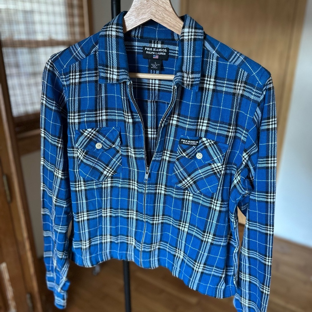 Polo Ralph Lauren Zippy Zip Up Blue and White Plaid Crop Shirt Large  Y2K